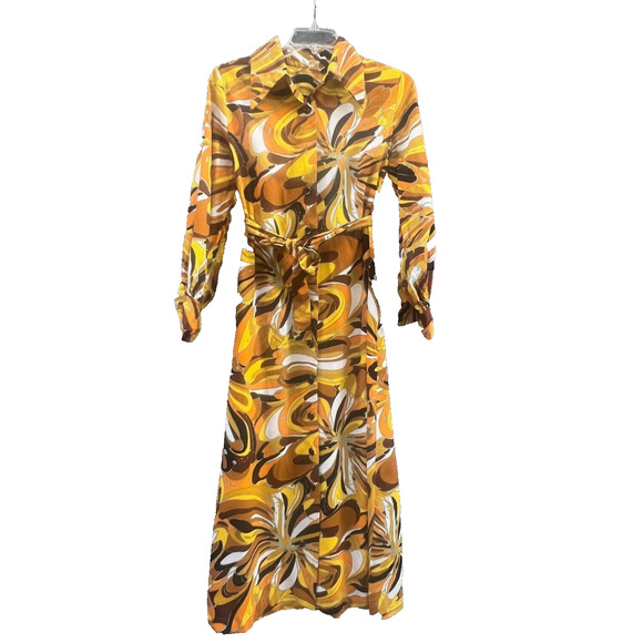 Vintage Maxi Dress Yellow Abstract Floral Button Front Boho Groovy Retro Cool - Picture 1 of 9